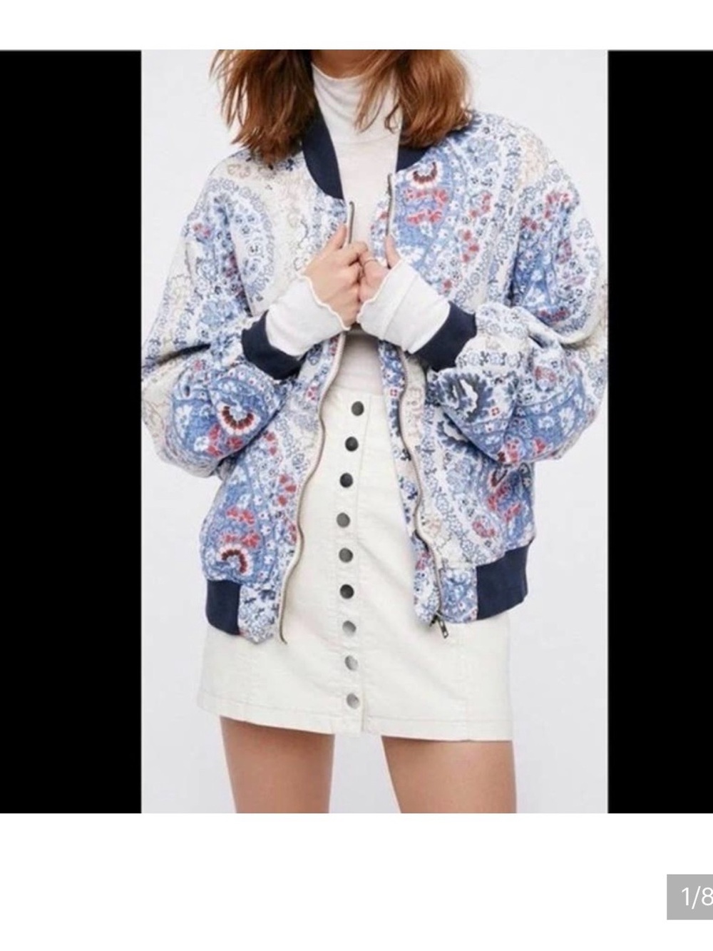 Free People Blue Paisley Bomber Jacket with Navy Trim